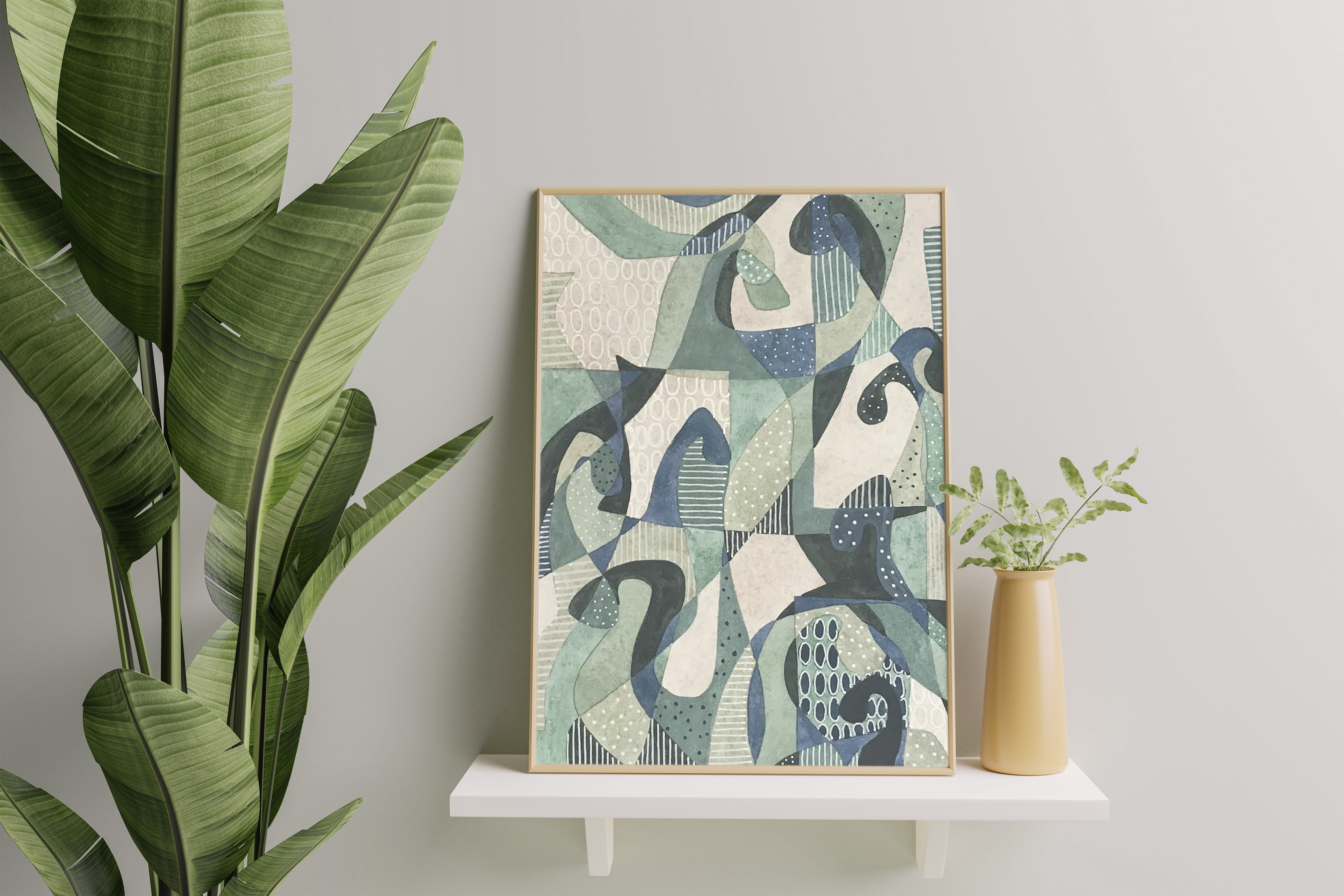 Green beige and blue abstract art with solid shapes 